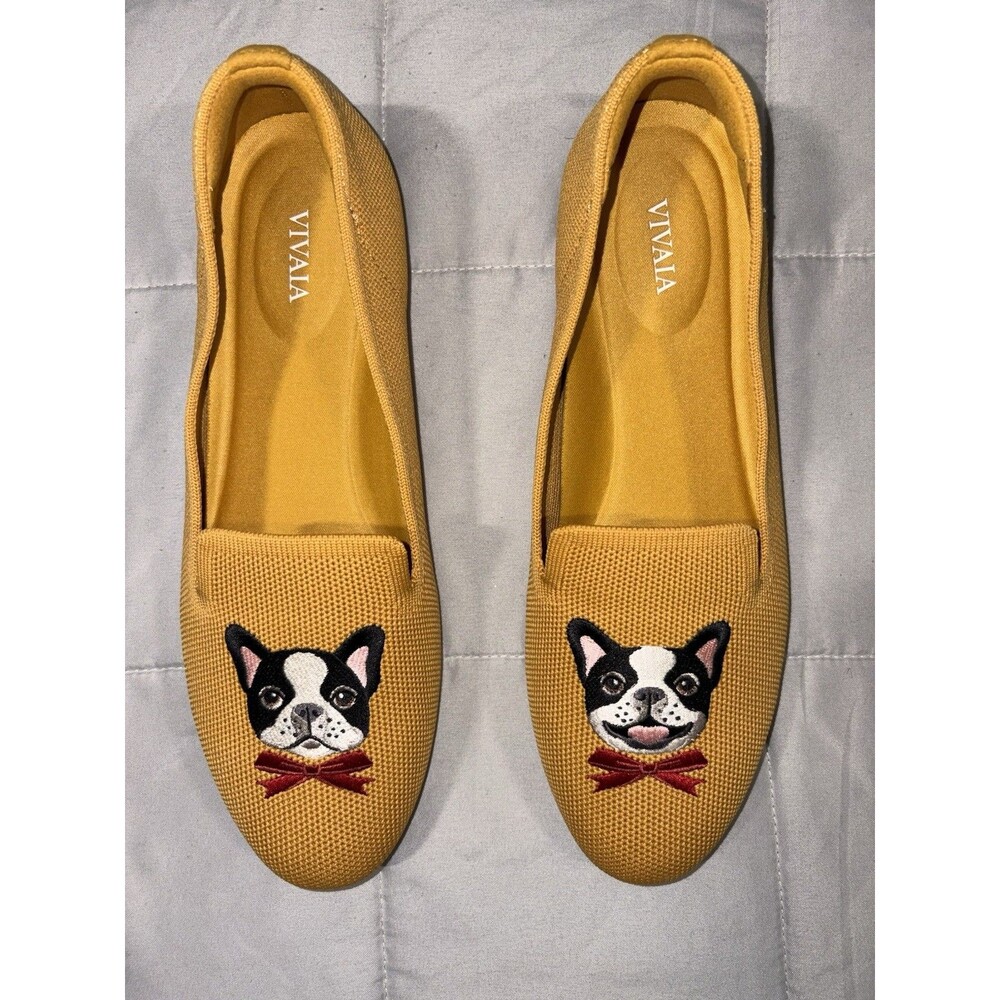 New VIVAIA Audrey Round-Toe French Bulldog Embroidered Loafers Sz 39 8-8.5